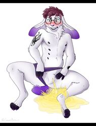 absurd_res anthro black_bars blush bodily_fluids brown_hair cuntboy digital_media_(artwork) eyewear fur genital_fluids genitals glasses goodbiscuit hair hi_res intersex lagomorph leporid letterbox male mammal multi_nipple nipples nullo paws peeing peeing_self presenting purple_body purple_ears purple_fur purple_tail rabbit scut_tail shaded short_tail solo urine urine_on_feet urine_on_ground urine_on_legs urine_on_self urine_pool urine_stream vi_(peepance) watersports white_body white_ears white_fur