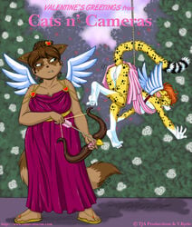 2009 anthro arrow bow_(weapon) breasts brown_body brown_fur brown_hair cats_n'_cameras cheetah closed_eyes clothing duo feathered_wings feathers felid feline female footwear fur genitals hair heart holidays mammal markings orange_hair procyonid pubes pussy raccoon ranged_weapon ring_(marking) ringtail sandals sarina_doyle spots spotted_body spotted_fur tail_markings thisisa upskirt valentine's_day vkyrie wardrobe_malfunction weapon wings yellow_body yellow_fur