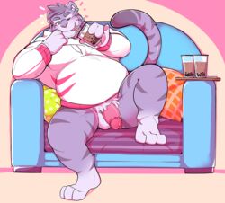 anthro balls barazoku beverage bottomless bubble_tea chair clothed clothing felid fur furniture genitals grey_body grey_fur hi_res hoodie justin_(disambiguation) male mammal overweight overweight_anthro overweight_male pantherine penis seintaur solo spread_legs spreading tiger topwear white_clothing white_hoodie white_topwear