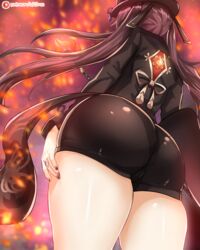 1girls ass ass_focus big_ass big_butt female fully_clothed genshin_impact hat hu_tao_(genshin_impact) minishorts o22no shorts solo standing thick_thighs thighs twintails