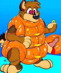 <3_eyes 2021 3_toes 4_fingers animal_genitalia anthro anthro_only betaetadelota biped blue_background bodily_fluids brown_body brown_fur canid canine canis clothed clothing digital_drawing_(artwork) digital_media_(artwork) domestic_dog erection feet fetish fingers fur furry furry_only genital_fluids genitals german_shepherd glistening heart heart_eyes herding_dog hi_res inflatable inflation internal knot knotted_penis levi_(betaetadelota) life_jacket male male_only mammal markings multicolored_body multicolored_fur no_humans pastoral_dog penis pink_penis popufur precum rubber simple_background smile solo standing story story_in_description striped_body striped_fur stripes tag_the_tanooki_dragon toes toony yiff youtube youtuber