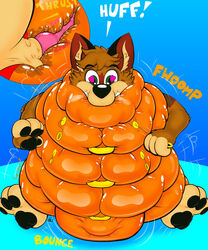 <3_eyes 2021 3_toes 4_fingers anthro black_nose black_pawpads blue_background brown_body brown_fur bulge canid canine canis clothed clothing digital_drawing_(artwork) digital_media_(artwork) domestic_dog english_text erection feet fingers fur genitals german_shepherd glistening heart herding_dog hi_res hindpaw internal levi_(betaetadelota) life_jacket male mammal markings multicolored_body multicolored_fur pastoral_dog pawpads paws penis rubber simple_background solo sound_effects squeaky story story_in_description tag_the_tanooki_dragon text toes toony