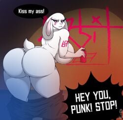 2019 absurd_res anthro ass bent_over big_ass big_breasts big_butt breasts clothed clothing curvy_figure detailed_background dialogue digital_media_(artwork) english_text eyelashes female fingers fur genitals graffiti hi_res hourglass_figure huge_ass huge_breasts huge_butt lagomorph leporid looking_back mammal mooning nude outside paint pants_down partially_clothed pussy rabbit rear_view red_eyes solo spray_paint superix teeth text thick_thighs voluptuous white_body white_fur wide_hips