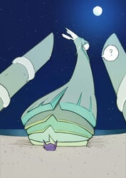 ? ambiguous_gender beach celesteela dodudoru duo green_hair hair hair_over_eyes hi_res humanoid long_neck looking_back moon night nintendo not_furry pokémon_(species) pokemon rear_view sableye sand seaside simple_background size_difference sky star starry_sky ultra_beast video_games