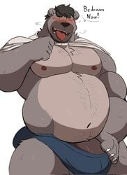 2021 anthro belly black_nose blush bulge clothing genitals grey_body hi_res humanoid_hands male male_only mammal moobs navel nipples overweight overweight_male penis simple_background solo underwear ursid vitashi white_background