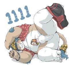 2021 absurd_res anthro ass balls brown_body brown_fur censored clothing erection face_censor felid feline fur genitals hi_res kemono male mammal overweight overweight_male penis roostax_wilddog simple_background solo underwear white_background white_body white_fur