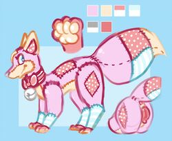 anatomically_correct anatomically_correct_genitalia anatomically_correct_pussy animal_genitalia animal_pussy animate_inanimate bell big_tail blue_background blue_eyes canid canine canine_pussy collar female feral fox genitals living_plushie mammal model_sheet patch_(fabric) pawpads paws pink_body plushie pocketpaws polka_dots pussy seam_(sewing) simple_background solo stitch_(sewing) striped_body stripes velvet_(schattenflamme) yellow_body