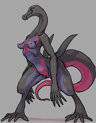 anthro anthrofied beauty_mark black_body black_scales breasts cleft_of_venus digitigrade erect_nipples female genitals grey_background hi_res long_neck nintendo nipples non-mammal_breasts nude pink_body pink_nipples pink_scales plump_labia pokémon_(species) pokemon pokemon_(species) purple_body purple_eyes purple_scales pussy salazzle scales semi-anthro simple_background small_breasts small_waist smile solo tokumori_kaisen video_games visible_ribs wide_hips