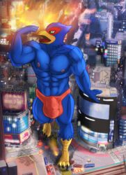 2021 absurd_res anthro avian bird blue_body blue_feathers bottomwear building bulge city clothing destruction falco_lombardi feathers fire genital_outline hi_res high-angle_view imminent_vore kovaltiel macro male male_only nintendo open_mouth skyscraper solo speedo star_fox stomping swimwear video_games