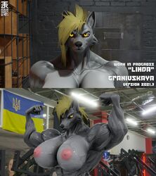 3d_(artwork) absurd_res anthro areola biceps big_breasts bodily_fluids breasts canid canine canis digital_media_(artwork) female flexing hi_res linda_gronyvsky mammal muscular muscular_female nipples qr_code solo sweat vein wet wolf zi0808