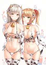 2girls absurdres animal_ears animal_print arm_hug armpit_crease bangs bare_shoulders bell bikini black_choker blonde_hair bnari breasts brown_eyes choker cleavage collarbone commentary cow_ears cow_horns cow_print cow_tail cowbell cowboy_shot ear_tag elbow_gloves english_commentary eyebrows_visible_through_hair fake_animal_ears fake_horns female front-tie_bikini front-tie_top gloves gluteal_fold green_eyes hair_ornament hair_scrunchie hairband halter_top halterneck highres horns large_breasts long_hair looking_at_viewer mole mole_on_breast multi-strapped_bikini multiple_girls navel neck_bell o-ring o-ring_bikini open_mouth original ponytail scrunchie side-tie_bikini silver_hair skindentation smile standing stomach string_bikini swimsuit tail thigh_gap thighhighs thighs wet white_background white_bikini white_gloves white_legwear