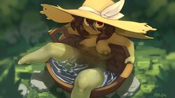 1girls areolae bathing bathtub black_hair breasts casual female female_only goblin goblin_female green_skin hat headwear huffslove in_water looking_at_viewer nipples nude nude_female outdoors red_eyes shortstack solo solo_female sun_hat trixie_(huffslove) yellow_sclera