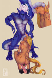 2021 2_horns abs animal_genitalia animal_penis anthro arilen ass ball_lick ball_suck balls big_penis blonde_hair blue_body blue_eyes blue_penis blue_scales blue_skin claws closed_eyes dominant dominant_male dragon duo equid equine equine_penis fur genitals hair half-erect hi_res hooves horn horse humanoid_genitalia humanoid_penis kneeling licking long_hair male male/male mammal muscular muscular_male nude oral penis penis_on_face penis_on_head pink_penis reptile saucetyan scales scalie sex short_hair signature simple_background standing submissive submissive_male sucking tan_background tan_body tan_fur tongue tongue_out v-cut white_hair wingless_dragon