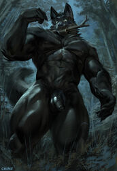 1boy 2021 abs anthro balls black_body black_fur canid canine canis casual_nudity chunie claws detailed_background digital_media_(artwork) fangs fingers flaccid foreskin forest fur genitals hi_res humanoid_genitalia humanoid_penis looking_at_viewer low-angle_view male male_only mammal muscular muscular_male muscular_thighs navel night nipples nude outside partially_retracted_foreskin penis plant playing_fetch pubes smile solo standing stick thick_thighs tree were werecanid werecanine werewolf wolf