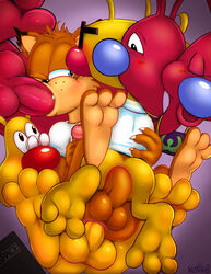 3_toes absurd_res anal anal_sex balls bobcat bubsy bubsy_(series) feet felid feline genitals group group_sex hi_res ket-ralus lynx male mammal penetration penis sex toes video_games woolies