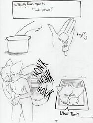 anthro black_and_white box breasts comic container domestic_cat english_text felid feline felis female genitals head_tuft hi_res honk humanoid kendall_(wastester) key mammal monochrome nude onomatopoeia pussy solo sound_effects text tuft undressed wastester