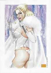 1girls 2020 ass blonde_hair blue_eyes bustier cape corset emma_frost female female_only fur_coat hellfire_club jarbas_nogueira lingerie long_hair looking_at_viewer looking_back marvel marvel_comics riding_crop solo thong topknot white_queen x-men