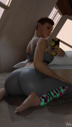 1girls 3d alternate_version_available ass blender brown_hair fat_ass feet female female_focus female_only finka_(rainbow_six) from_behind leggings phone rainbow_six rainbow_six_siege selfie solo sportswear tagme toes vulpeculy yoga_pants