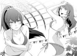 2girls ass back backboob big_breasts bikini breasts cleavage kujikawa_rise long_hair monochrome persona persona_4 persona_x_detective_naoto ponytail shirogane_naoto side-tie_bikini sogabe_shuuji swimsuit