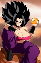 1girls big_breasts black_eyes black_hair blindstash breasts caulifla cleavage clothed dragon_ball dragon_ball_(object) dragon_ball_super female female_only female_saiyan fully_clothed grin huge_breasts large_breasts long_hair looking_at_viewer navel saiyan sitting solo solo_female stomach sweatpants tubetop