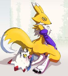 ass bandai_namco bandana digimon digimon_(species) digimon_ghost_game digimon_tamers duo female fur gammamon genitals kerchief lkiws male male/female penis renamon sitting_on_penis white_body white_fur yellow_body yellow_fur