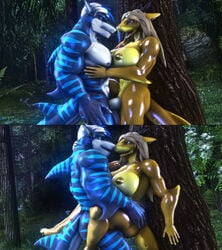 3d_(artwork) abs against_natural_surface against_surface against_tree anthro big_breasts blue_eyes breasts digital_media_(artwork) duo female fish forest genitals grey_eyes hair hand_behind_neck hand_on_hip hi_res horn male male/female male_anthro male_anthro/female_anthro marine multicolored_hair muscular muscular_female muscular_male nikita_akulov_(nika_sharkeh) penetration penis plant pussy sanguine_paladin shark source_filmmaker tan_hair tree two_tone_hair vaginal_penetration varia_larone