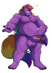 anthro balls belly big_balls big_penis canid canine erection fox fur genitals hair hi_res long_hair male male_only mammal multicolored_hair multicolored_tail nipples nude overweight overweight_male pecs penis purple_body purple_fur rainbow_hair rainbow_tail simple_background solo standing vitashi white_background