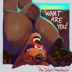 1:1 2021 anthro ass butt_shot canid canine dialogue digital_media_(artwork) duo english_text facesitting feet fox fur humor idiot_sandwich koorivlf male male/male mammal meme nude open_mouth painting_(artwork) pawpads paws simple_background sitting smile text tongue traditional_media_(artwork) ursid yellow_eyes