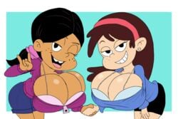 2girls bending_over blue_bra bra breasts busty cleavage clothed dark-skinned_female dark_skin female female_only freckles godalmite holding_hands huge_breasts large_breasts looking_at_viewer nickelodeon paizuri_invitation purple_bra revealing_clothes ronnie_anne_santiago showing_breasts sid_chang small_but_busty smile smiling_at_viewer teasing the_casagrandes the_loud_house wink winking_at_viewer