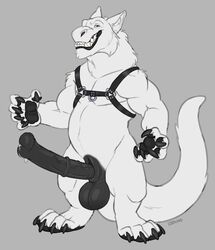 absurd_res animal_genitalia animal_penis anthro balls belly big_balls big_penis dragon equine_penis erection fur furred_dragon genitals grin harness hi_res huge_cock lddraws leaking_precum male muscular muscular_male penis smile solo standing teeth white_body white_fur