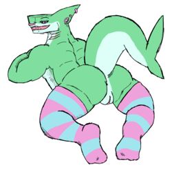 anthro anus ass clothing cuntboy cuntboy_only facial_piercing female_penetrating fin fish genitals gills green_body hi_res intersex legwear marine muscular nose_piercing piercing presenting presenting_anus presenting_hindquarters presenting_pussy pussy shark shark_tail simple_background solo stockings tourmaline_(shark) tourmaline_shark_(artist) white_background