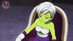 1girls alien alien_girl animated armor battle_armor breasts chair cheelai cleavage dragon_ball dragon_ball_super dragon_ball_super_broly edit elastic_armor flashing flashing_breasts gloves green_nipples green_skin medium_breasts nipples no_bra nude_filter on_chair open_mouth pink_eyes shorter_than_10_seconds shorter_than_30_seconds shounen_jump sitting smile sound space-panda talking video watermark white_hair