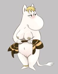 annoyed anthro blonde_hair blush breasts cleft_of_venus female fur genitals grey_background hair hi_res holding_object honeymono leg_ring mammal moomin nipples nude pussy simple_background slightly_chubby snorkmaiden solo standing tail_tuft the_moomins towel tuft white_body