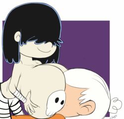 big_breasts black_hair breast_smother breasts brother_and_sister godalmite hair_between_eyes huge_breasts incest large_breasts lincoln_loud long_hair lucy_loud pasties smile smothering the_loud_house topless white_hair