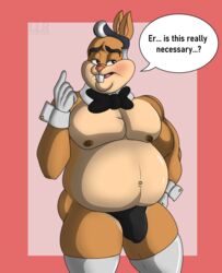 anthro belly big_belly blush bow_tie buckteeth bulge clothed clothing collar dialogue digital_media_(artwork) english_text gloves hair hand_on_hip handwear hi_res klr-rio lagomorph legwear leporid looking_away looney_tunes male male_focus male_only mammal nipples open_mouth overweight overweight_anthro overweight_male rabbit simple_background skimpy solo speech_bubble stockings teeth text thong underwear walter_bunny warner_brothers