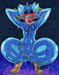 1boy anthro anus balls blue_balls blue_body blue_fur blue_glans blue_penis crouching front_view fur genitals glans glistening glistening_body hands_behind_head hi_res huggy_wuggy humanoid_genitalia humanoid_penis lips long_tongue looking_at_viewer male male_only monster parasitedeath penis poppy_playtime sharp_teeth solo spread_legs spreading teeth thick_lips thick_thighs tongue