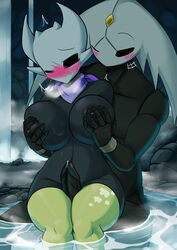 big_breasts black_body breast_grab breast_squeeze breasts duo fan_character female genitals harrold_(latiar) hi_res hollow_knight latiar male male/female nipples nude penis precum straight team_cherry tesky_(woebeeme) thigh_sex thighjob thighs vessel_(species) video_games water woebeeme