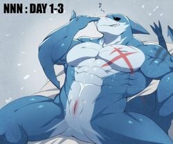 6:5 abs animal_genitalia anthro bernard_(bna_v5) blue_body blue_scales bna_v5 fish genital_slit genitals hi_res lying male marine meme muscular muscular_anthro muscular_male musical_note no_nut_november on_back pecs scales scar shark slit solo spread_legs spreading white_body white_scales