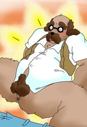 anthro ass canid canine canis domestic_dog elder eric_everyotherheart eyewear facial_hair glasses hi_res male mammal moustache old older_man overweight overweight_male pappy_van_poodle_(rrdb) poodle presenting presenting_hindquarters pubes rusty's_real_deal_baseball slightly_chubby solo