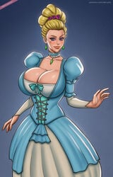 1girls baroque_(style) big_breasts blonde_hair blue_dress breasts breasts_bigger_than_head cleavage derushy dress fantasy female female_only human human_only light-skinned_female light_skin princess