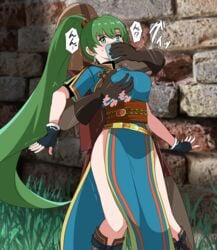 1girls appei_(555) bare_legs breast_grab breasts captured chloroform femsub fingerless_gloves fire_emblem fire_emblem:_the_blazing_blade gloves green_eyes green_hair large_breasts long_hair lyn_(fire_emblem) lyndis_(fire_emblem) maledom nintendo pelvic_curtain ponytail very_long_hair