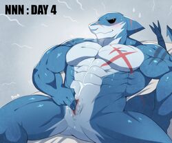 6:5 abs animal_genitalia anthro bernard_(bna_v5) blue_body blue_scales blush bna_v5 bodily_fluids fingering fish genital_slit genitals hi_res looking_away lying male marine meme muscular muscular_anthro muscular_male no_nut_november on_back pecs scales scar shark slit slit_fingering slit_juice solo spread_legs spreading sweat sweatdrop white_body white_scales