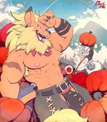 absurd_res armpit_hair bandai_namco beard blonde_hair blue_eyes body_hair bulge clothed clothing digimon digimon_(species) duo ear_piercing eddy_dusty facial_hair food fruit hair hi_res jockstrap leomon male male_only mane muscular nipples piercing plant pumpkin scar serratus smile topless underwear weregarurumon