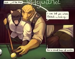 2021 anthro anthro_on_anthro ass ball bent_over big_bulge billiards blacksad bodily_fluids bottomwear bulge clothed clothing cutaway dialogue domestic_cat dress_shirt dry_humping duo english_text erection erection_under_clothing eyebrows felid feline felis hand_holding hi_res holding_object humanoid_hands iguanid imminent_sex inside inviting john_blacksad lizard looking_at_another male male/male male_only mammal muscular muscular_anthro muscular_male narrowed_eyes pants paulie_(blacksad) reptile scalie shirt sign signature smile standing sweat tenting text topwear vest vhkansfweer whiskers