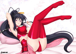 absurdres ahoge akeno_himejima arm_up armpits ass bangs black_hair bra breasts choker female full_body hair_ribbon high_school_dxd highres kaos_art large_breasts leaf leaf_background legs_up lingerie lips long_hair looking_at_viewer lying on_back panties parted_lips pillow ponytail purple_eyes red_bra red_choker red_legwear red_panties ribbon solo thighhighs underboob underwear very_long_hair