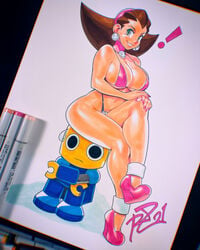 1boy 1girls ass big_ass big_breasts bikini breasts capcom green_eyes grin mega_man mega_man_legends negarobo nipples_visible_through_clothing photo_(medium) robaato rockman rockman_dash servbot sitting_on_person traditional_media_(artwork) tron_bonne