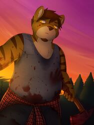 2016 3:4 anthro axe blood bodily_fluids chubby_male clothing felid gabe_(mytigertail) hi_res male mammal melee_weapon mytigertail outside pantherine shirt solo tiger topwear weapon