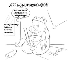 2021 4_fingers 4_toes anal_beads anthro ass balls belly black_and_white bodily_fluids comic dialogue dildo discarded_sex_toy english_text feet fingers foreskin genitals hyaenid inside jeffrey_taggart male male_focus male_only mammal meme monochrome navel nipples no_nut_november overweight page_1 page_number penis ruler sex_toy solo solo_male speech_bubble sweat text thewilldpink thick_thighs toes