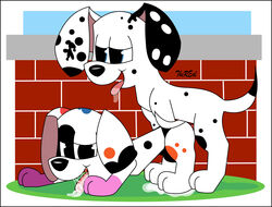 101_dalmatian_street 101_dalmatians absurd_res anonymous_artist bodily_fluids canid canine canis da da_vinci_(101_dalmatians) dalmatian digital_media_(artwork) disney disney_xd domestic_dog duo female feral genital_fluids hi_res incest male male/female mammal open_mouth sex simple_background spots spotted_body vinci young