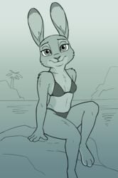 2021 anthro bikini bikini_bottom cleavage disney ears_up female greyscale judy_hopps lagomorph leporid looking_at_viewer mammal monochrome outside pinup pose rabbit sitting smile solo swimsuit swimwear tggeko top_breasts zootopia